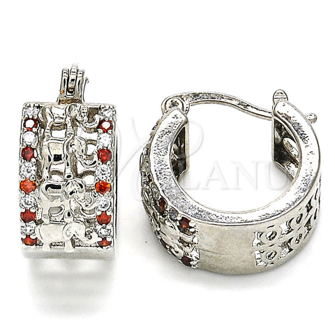 Rhodium Plated Small Hoop, Elephant Design, with Garnet and White Cubic Zirconia, Polished, Rhodium Finish, 02.210.0278.5.15