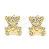 Oro Laminado Stud Earring, Gold Filled Style Teddy Bear Design, with White Micro Pave, Polished, Golden Finish, 02.233.0003
