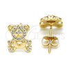 Oro Laminado Stud Earring, Gold Filled Style Teddy Bear Design, with White Micro Pave, Polished, Golden Finish, 02.233.0003