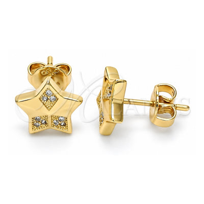Oro Laminado Stud Earring, Gold Filled Style Star Design, with White Micro Pave, Polished, Golden Finish, 02.156.0305