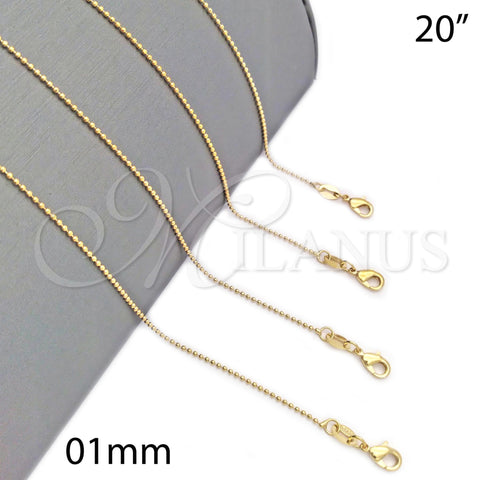 Oro Laminado Basic Necklace, Gold Filled Style Ball Design, Polished, Golden Finish, 04.32.0014.20 (01 MM Thickness, 20 Inches Length)