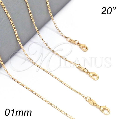 Oro Laminado Basic Necklace, Gold Filled Style Figaro Design, Polished, Golden Finish, 04.32.0015.20 (01 MM Thickness, 20 Inches Length)