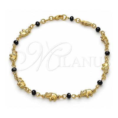 Oro Laminado Fancy Anklet, Gold Filled Style Elephant Design, with Black Crystal, Black Polished, Golden Finish, 03.32.0208.10 (03 MM Thickness, 10 Inches Length)