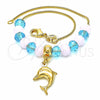 Oro Laminado Charm Bracelet, Gold Filled Style Dolphin and Snake Design, with Pink Opal and Aquamarine Crystal, Polished, Golden Finish, 03.32.0222.07 (7 Inches Length)