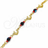 Oro Laminado Fancy Bracelet, Gold Filled Style Dolphin and Figaro Design, with Black and Orange Red Azavache, Polished, Golden Finish, 03.32.0224.07 (7 Inches Length)
