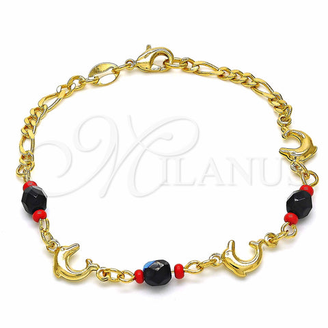 Oro Laminado Fancy Bracelet, Gold Filled Style Dolphin and Figaro Design, with Black and Orange Red Azavache, Polished, Golden Finish, 03.32.0224.07 (7 Inches Length)