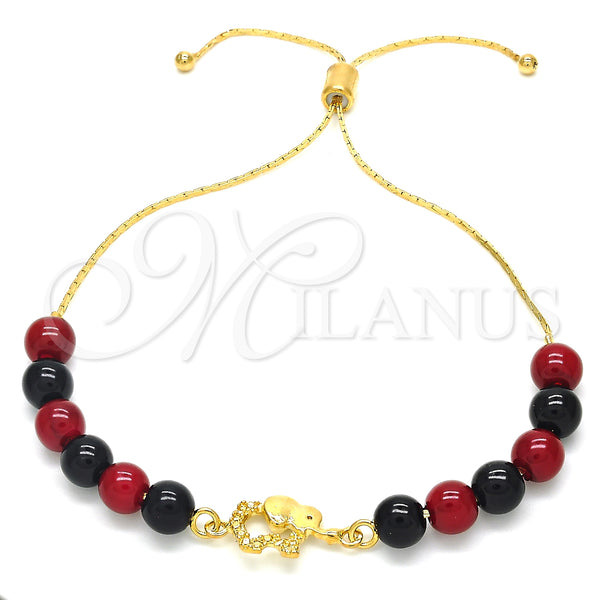 Oro Laminado Adjustable Bolo Bracelet, Gold Filled Style Elephant and Snake Design, with Black and Garnet Opal, Polished, Golden Finish, 03.32.0229.07 (7 Inches Length)