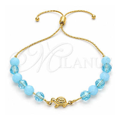 Oro Laminado Adjustable Bolo Bracelet, Gold Filled Style Turtle and Snake Design, with Aquamarine and Aqua Blue Crystal, Blue Polished, Golden Finish, 03.32.0233.07 (7 Inches Length)