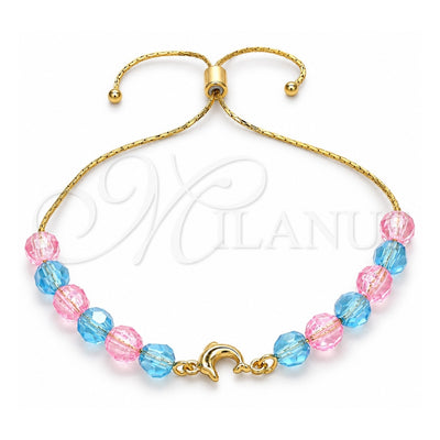Oro Laminado Adjustable Bolo Bracelet, Gold Filled Style Dolphin and Snake Design, with Aquamarine and Pink Crystal, Polished, Golden Finish, 03.32.0235.07 (7 Inches Length)