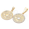 Oro Laminado Religious Pendant, Gold Filled Style Four-leaf Clover and Evil Eye Design, Matte Finish, Two Tone, 03.32.0245