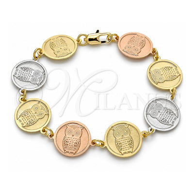 Oro Laminado Fancy Bracelet, Gold Filled Style Owl Design, Polished, Tricolor, 03.63.2044.07 (15 MM Thickness, 7 Inches Length)