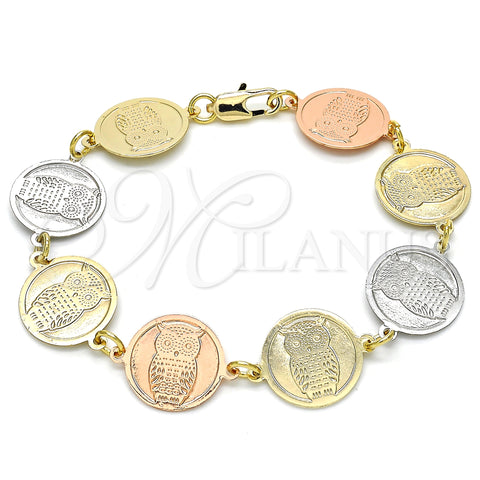 Oro Laminado Fancy Bracelet, Gold Filled Style Owl Design, Polished, Tricolor, 03.63.2044.07 (15 MM Thickness, 7 Inches Length)