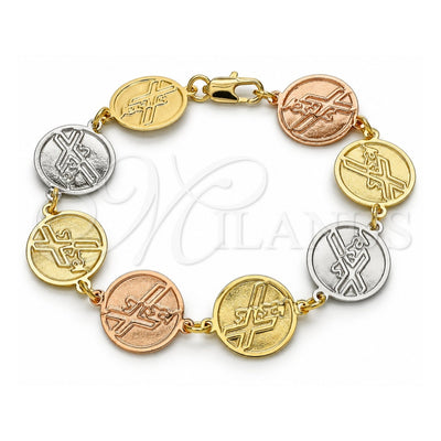 Oro Laminado Fancy Bracelet, Gold Filled Style Cross Design, Polished, Tricolor, 03.63.2048.07 (15 MM Thickness, 7 Inches Length)