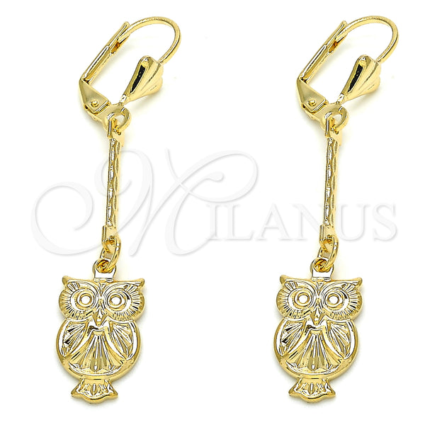 Oro Laminado Long Earring, Gold Filled Style Owl Design, Polished, Golden Finish, 02.32.0547