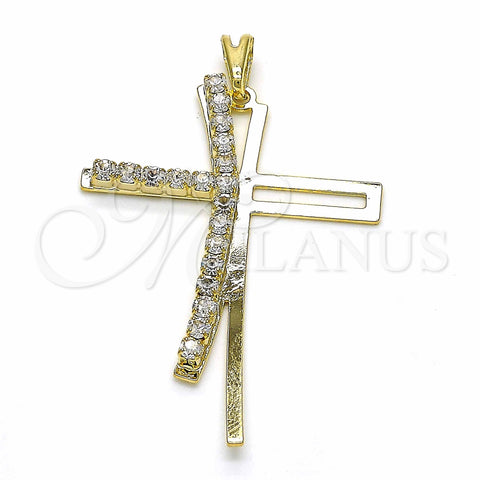 Oro Laminado Religious Pendant, Gold Filled Style Cross Design, with White Cubic Zirconia, Polished, Golden Finish, 05.09.0076