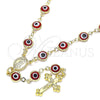 Oro Laminado Medium Rosary, Gold Filled Style Guadalupe and Crucifix Design, Red Resin Finish, Golden Finish, 09.63.0107.2.18