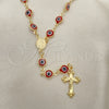 Oro Laminado Medium Rosary, Gold Filled Style Guadalupe and Crucifix Design, Red Resin Finish, Golden Finish, 09.63.0107.2.18