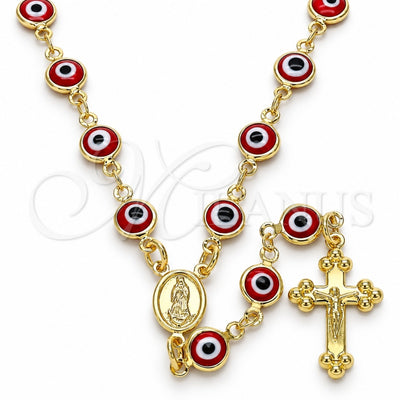 Oro Laminado Medium Rosary, Gold Filled Style Guadalupe and Crucifix Design, Red Resin Finish, Golden Finish, 09.63.0107.2.18