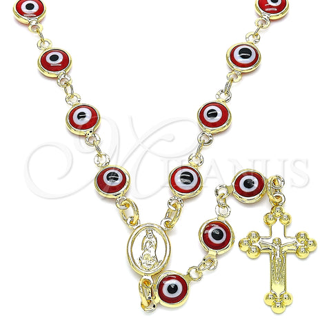 Oro Laminado Medium Rosary, Gold Filled Style Guadalupe and Crucifix Design, Red Resin Finish, Golden Finish, 09.63.0107.2.18