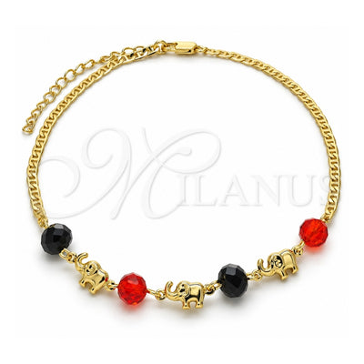 Oro Laminado Fancy Anklet, Gold Filled Style Elephant Design, with Black and Garnet Crystal, Polished, Golden Finish, 03.213.0043.10 (03 MM Thickness, 10 Inches Length)