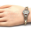 Oro Laminado Fancy Bracelet, Gold Filled Style Guadalupe and Flower Design, with White Crystal, Polished, Golden Finish, 03.253.0025.1.08 (05 MM Thickness, 8 Inches Length)