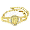 Oro Laminado Fancy Bracelet, Gold Filled Style Guadalupe and Flower Design, with White Crystal, Polished, Golden Finish, 03.253.0025.1.08 (05 MM Thickness, 8 Inches Length)