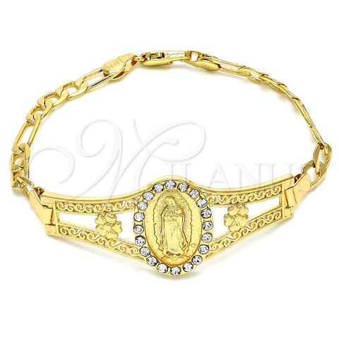 Oro Laminado Fancy Bracelet, Gold Filled Style Guadalupe and Flower Design, with White Crystal, Polished, Golden Finish, 03.253.0025.1.08 (05 MM Thickness, 8 Inches Length)