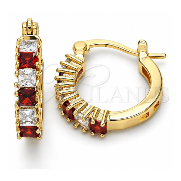 Oro Laminado Small Hoop, Gold Filled Style with Garnet and White Cubic Zirconia, Polished, Golden Finish, 02.210.0280.1.15