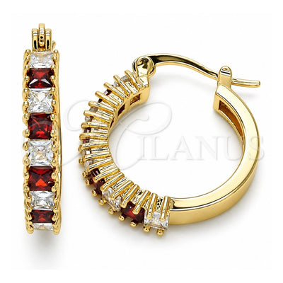 Oro Laminado Small Hoop, Gold Filled Style with Garnet and White Cubic Zirconia, Polished, Golden Finish, 02.210.0281.1.20