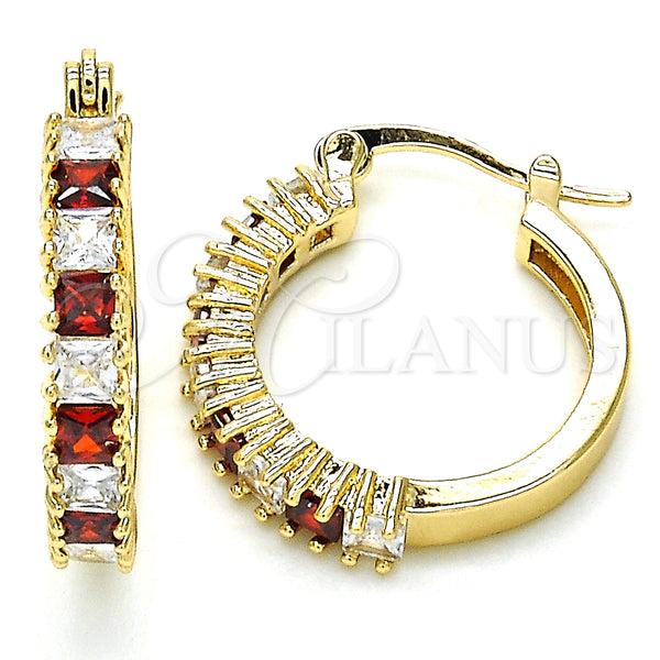 Gold Filled Hoop Earrings — Small Hoop with Garnet and White Cubic Zirconia — main product view — SKU 127235 | Oro Laminado aretes de aro — Small Hoop with Garnet and blanco Cubic Zirconia — SKU 127235