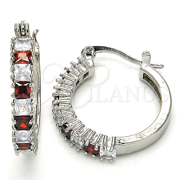 White Gold Filled Hoop Earrings — Medium Hoop with Garnet and White Cubic Zirconia — main product view — SKU 127240 | Oro Laminado Blanco aretes de aro — Medium Hoop with Garnet and blanco Cubic Zirconia — SKU 127240