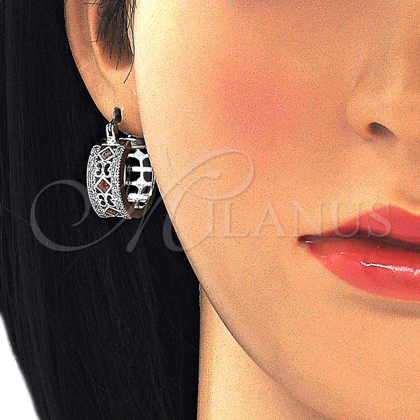White Gold Filled Hoop Earrings — Small Hoop with Garnet and White Cubic Zirconia — alternate product view — SKU 127250 | Oro Laminado Blanco aretes de aro — Small Hoop with Garnet and blanco Cubic Zirconia — SKU 127250