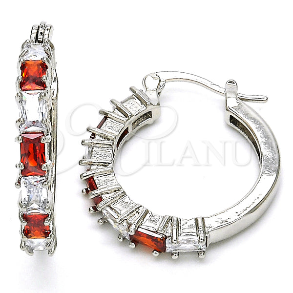 White Gold Filled Hoop Earrings — Small Hoop with Garnet and White Cubic Zirconia — main product view — SKU 127260 | Oro Laminado Blanco aretes de aro — Small Hoop with Garnet and blanco Cubic Zirconia — SKU 127260