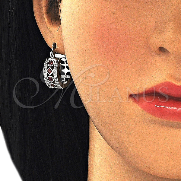 White Gold Filled Hoop Earrings — Small Hoop with Garnet and White Cubic Zirconia — alternate product view — SKU 127270 | Oro Laminado Blanco aretes de aro — Small Hoop with Garnet and blanco Cubic Zirconia — SKU 127270