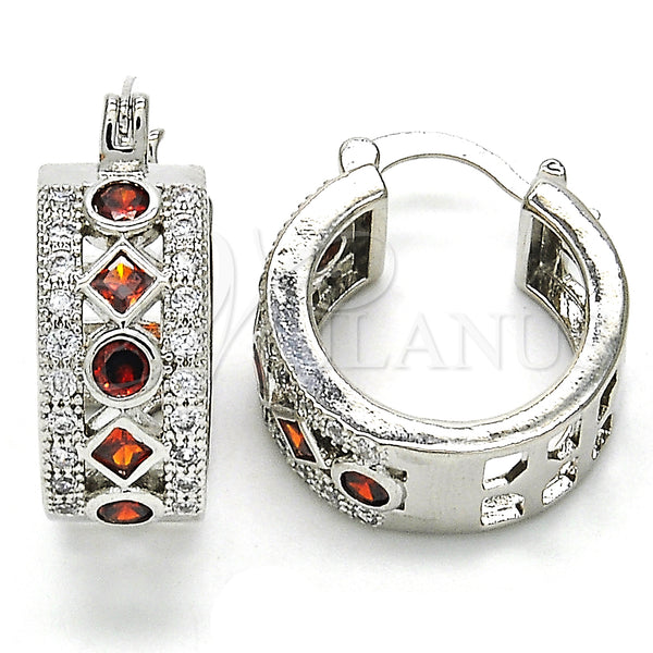 White Gold Filled Hoop Earrings — Small Hoop with Garnet and White Cubic Zirconia — main product view — SKU 127270 | Oro Laminado Blanco aretes de aro — Small Hoop with Garnet and blanco Cubic Zirconia — SKU 127270