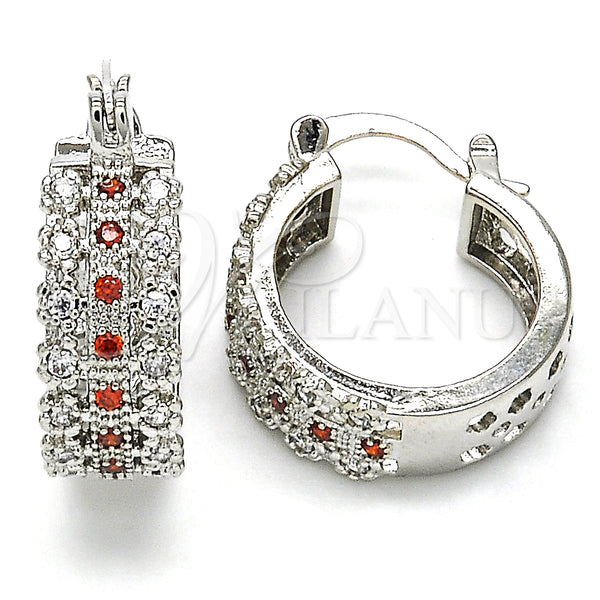 White Gold Filled Hoop Earrings — Small Hoop with Garnet and White Cubic Zirconia — main product view — SKU 127305 | Oro Laminado Blanco aretes de aro — Small Hoop with Garnet and blanco Cubic Zirconia — SKU 127305