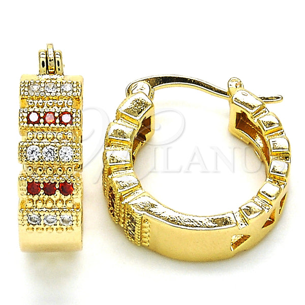 Gold Filled Hoop Earrings — Small Hoop with Garnet and White Micro Pave — main product view — SKU 127309 | Oro Laminado aretes de aro — Small Hoop with Garnet and blanco Micro Pave — SKU 127309