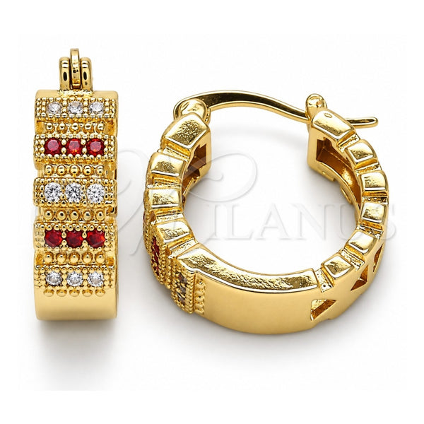 Oro Laminado Small Hoop, Gold Filled Style with Garnet and White Micro Pave, Polished, Golden Finish, 02.210.0289.1.20