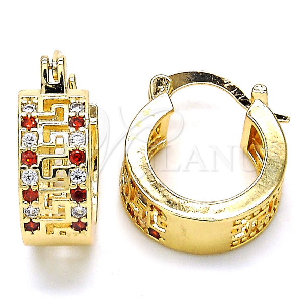 Gold Filled Hoop Earrings — Small Hoop Greek Key Design with Garnet and — main product view — SKU 127333 | Oro Laminado aretes de aro — Small Hoop Greek Key diseño with Garnet and — SKU 127333