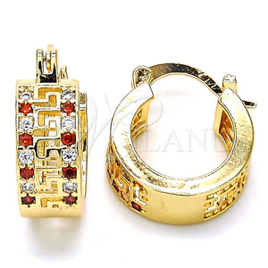 Gold Filled Hoop Earrings — Small Hoop Greek Key Design with Garnet and — main product view — SKU 127333 | Oro Laminado aretes de aro — Small Hoop Greek Key diseño with Garnet and — SKU 127333