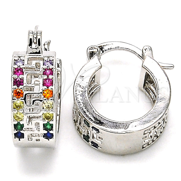 Rhodium Plated Small Hoop, Greek Key Design, with Multicolor Cubic Zirconia, Polished, Rhodium Finish, 02.210.0292.7.15