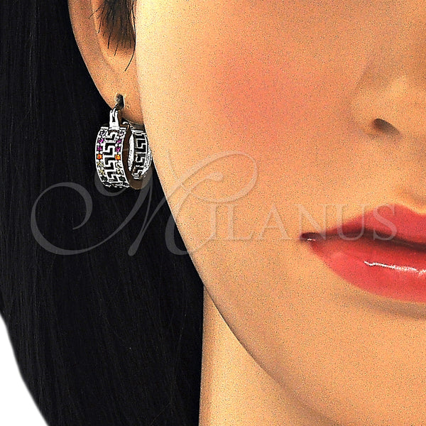 White Gold Filled Hoop Earrings — Small Hoop Greek Key Design with Multicolor Cubic — alternate product view — SKU 127339 | Oro Laminado Blanco aretes de aro — Small Hoop Greek Key diseño with Multicolor Cubic — SKU 127339