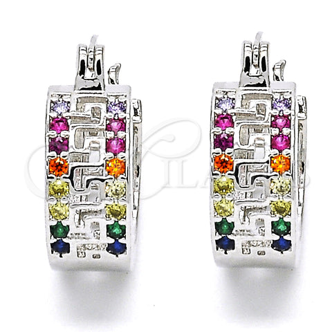Rhodium Plated Small Hoop, Greek Key Design, with Multicolor Cubic Zirconia, Polished, Rhodium Finish, 02.210.0292.7.15