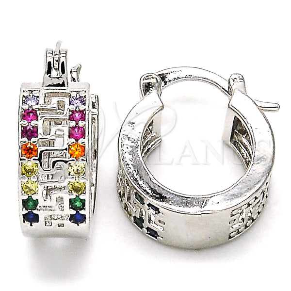 White Gold Filled Hoop Earrings — Small Hoop Greek Key Design with Multicolor Cubic — main product view — SKU 127339 | Oro Laminado Blanco aretes de aro — Small Hoop Greek Key diseño with Multicolor Cubic — SKU 127339