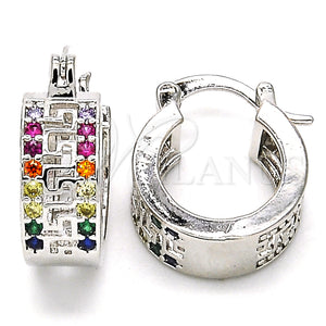 White Gold Filled Hoop Earrings — Small Hoop Greek Key Design with Multicolor Cubic — main product view — SKU 127339 | Oro Laminado Blanco aretes de aro — Small Hoop Greek Key diseño with Multicolor Cubic — SKU 127339