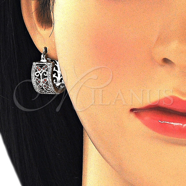 White Gold Filled Hoop Earrings — Small Hoop Flower and Leaf Design with Garnet — alternate product view — SKU 127344 | Oro Laminado Blanco aretes de aro — Small Hoop flor and Leaf diseño with Garnet — SKU 127344