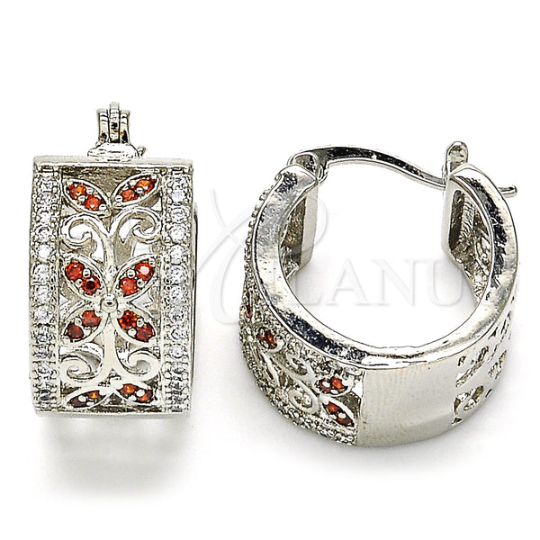 White Gold Filled Hoop Earrings — Small Hoop Flower and Leaf Design with Garnet — main product view — SKU 127344 | Oro Laminado Blanco aretes de aro — Small Hoop flor and Leaf diseño with Garnet — SKU 127344