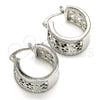 Rhodium Plated Small Hoop, Flower and Leaf Design, with Black and White Cubic Zirconia, Polished, Rhodium Finish, 02.210.0293.5.20
