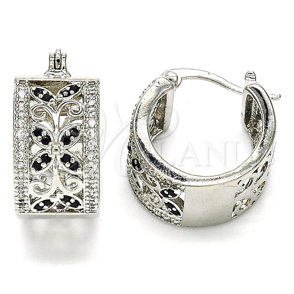 Rhodium Plated Small Hoop, Flower and Leaf Design, with Black and White Cubic Zirconia, Polished, Rhodium Finish, 02.210.0293.5.20