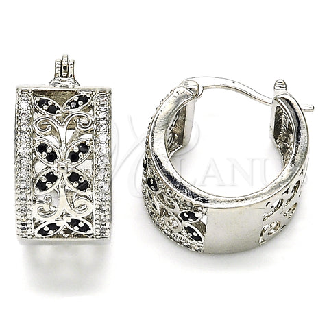 Rhodium Plated Small Hoop, Flower and Leaf Design, with Black and White Cubic Zirconia, Polished, Rhodium Finish, 02.210.0293.5.20